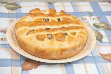 Tasty pie with filling on the plate