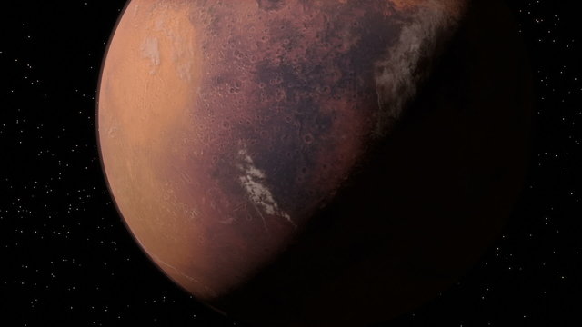 Mars flyby, starting on the daylight side and finishing on a silhouette of the planet