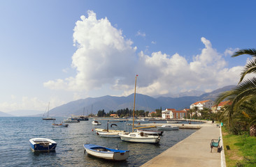 Fototapeta na wymiar Montenegro. View of Bay of Kotor and embankment of Seljanovo village (near Tivat city)