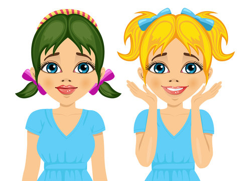 cule little girl with different hairstyles and hair color