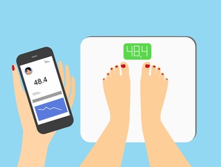 woman is getting information of his weight using mobile app for smart scales.