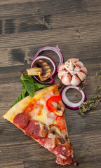 slice of pizza with mushrooms, salami, vegetables