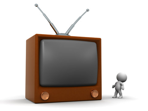 Small 3D Character Looking Up at a Large Retro TV