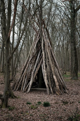 cabane bois enfant tipi tronc arbre jouer jeu construction aventure © shocky