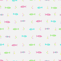 Hand drawn seamless pattern with funny fishes. Vector colorful background