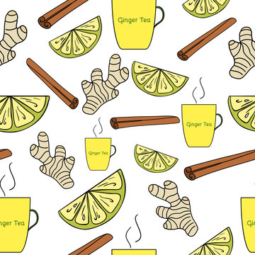 Herbal tea seamless pattern. Ginger, lemon, lime, cinnamon. Hand drawn image