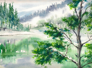 Winter landscape with lake and mountains reflecting in water. Picture created with watercolors on paper.