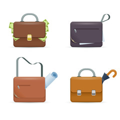 Briefcase with money, folder for documents, handbag with roll of paper, bag with umbrella
