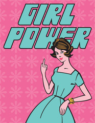 Girl Power vector illustration with stereotypical retro 1950s housewife making a rude gesture or giving the finger.