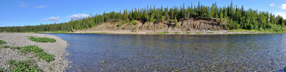 Panoramic river landscape in the polar Urals.