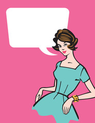 Retro 1950s Housewife. Vector illustration of stereotypical 1950s housewife with speech bubble.