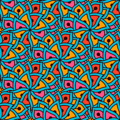 Hand drawn seamless pattern with floral elements. Colorful ethnic background.