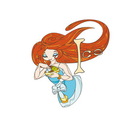 Elegant stylized girl doll with long flowing hair. Ice-cream in a vase.