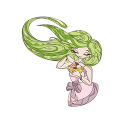 Elegant stylized girl doll with long flowing hair. Ice-cream in a vase.