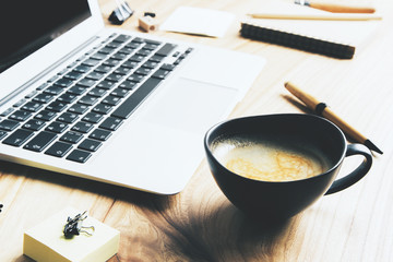 Desktop with milk coffee