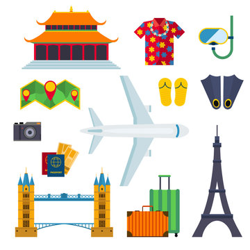 Airport travel icons vacation flat vector illustration. 