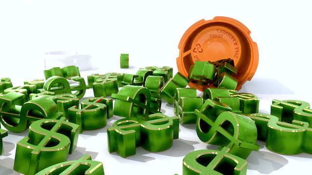 Cost of Healthcare - Dollar signs spilling out of a medicine bottle