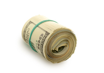 stack of money dollars bounded by rubber band. 