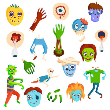Cute green cartoon zombie character set part of body monsters vector illustration. 
