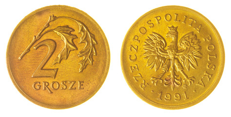 2 grosze 1991 coin isolated on white background, Poland - obrazy, fototapety, plakaty