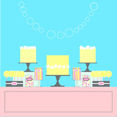 Candy Buffet with cakes. Wedding dessert bar. Birthday sweet table. Vector illustration.