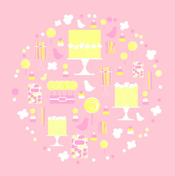 Candy table with cakes  in round frame. Vector illustration.