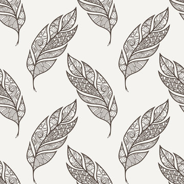 Vector seamless pattern of feathers. Doodle. Zentangle