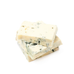 Pile of blue cheese slices isolated