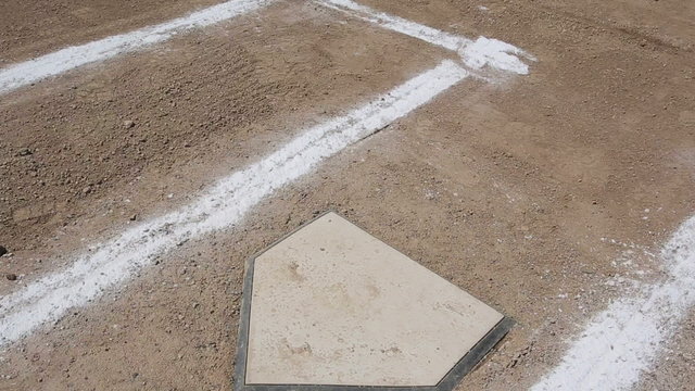 Vertical pan of a baseball diamond's home plate and batters box chalk lines.
