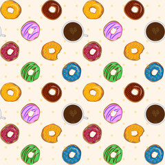 Dessert food vector seamless pattern with colorful donuts and co