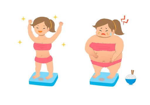 big fat woman on the weighing-machine.vector art set.