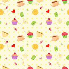 Seamless vector dessert food pattern with cupcakes, macaroons an