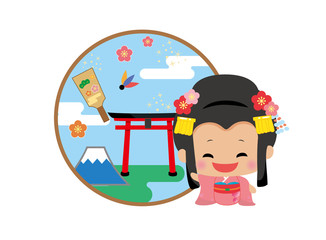 japanese girls in kimono and MT.Fuji,tourist spot.vector art