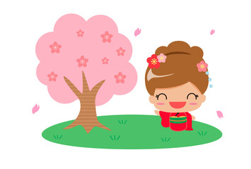 japanese traditional kimono girl and cherry blossoms tree.vector art