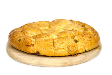 Composition with bread and rolls in wicker basket isolated on wh