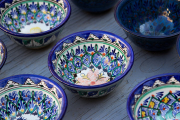 Rows of cups with traditional uzbekistan ornament, Bukhara, Uzbe