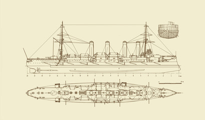 Built in 1903 old armored cruiser on a copymachine background. A great wall poster for a steam-punk-styled home office or an office of an engineering firm