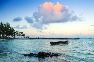 Picturesque sunset at a tropical beach. Mauritius Island