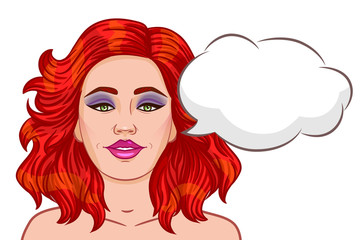 Attractive red-haired girl vector. Girl with bubble. The girl's face with bright hair.