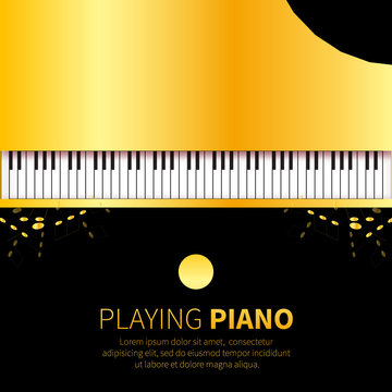 Golden foil Top view Grand piano and chair. Music instrument on black background. Vector illustration