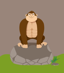 Cute cartoon gorilla on big stone. Vector illustration