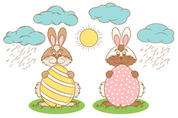 Easter rabbit vector. Easter Bunny holding an egg. Rabbit with egg in the grass in the meadow.