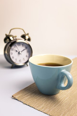 Black coffee with clock background, Break time
