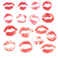 Set of beautiful red lips print on isolated white background