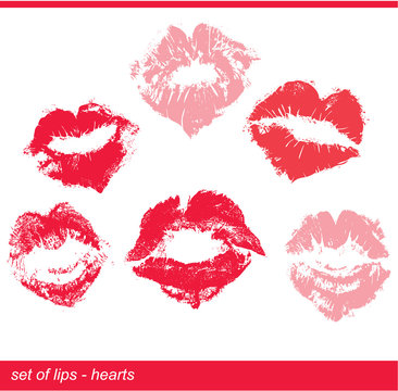 Set of beautiful red lips in heart shape print on isolated white