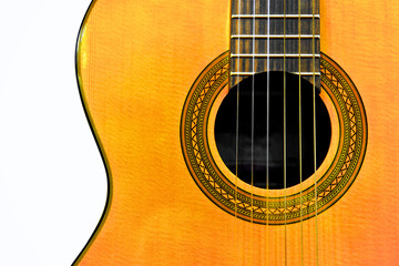 Acoustic classical guitar isolated on white background. Front view. Close up