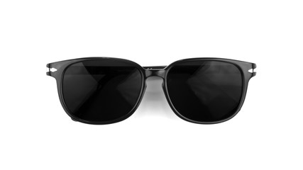 Cool sunglasses isolated on white background. In black plastic frame. Top view. Close up. © component