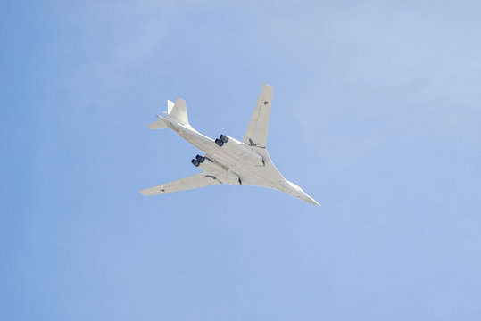 Tupolev Tu-160 (Blackjack) supersonic, variable-sweep wing heavy strategic bomber flies