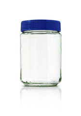 Clear glass bottle with blue cap isolated on white background