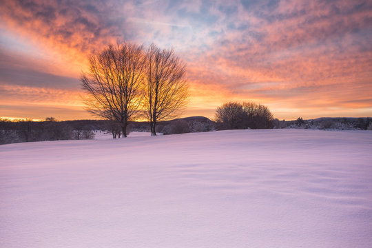 Amazing cloured sunrise in a snowed landcape